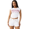 True Religion Women’s Crystal Short Sleeve Baby Top | Cropped Ruched Tee(Optic White)