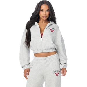 True Religion Women’s Applique Girlfriend Zip Up Hoodie – 60% Cotton 40% Polyester, Relaxed Fit, Signature Applique Detail(Heather Grey)