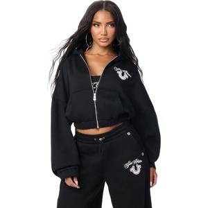 True Religion Women’s Applique Girlfriend Zip Up Hoodie – 60% Cotton 40% Polyester, Relaxed Fit, Signature Applique Detail(Jet Black)
