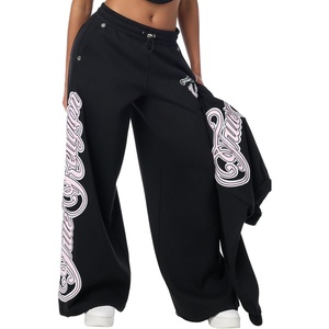 True Religion Women’s Applique Wide Leg Pants – 60% Cotton 40% Polyester, Relaxed Wide Leg, Signature Applique Detail(Jet Black)