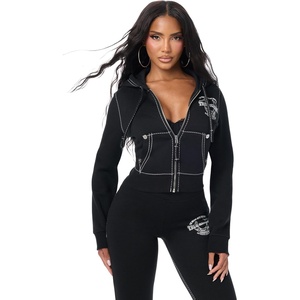 True Religion Women’s Big T Crystal Horseshoe Shrunken Zip Hoodie – 60% Cotton 40% Polyester, Long Sleeve, Zip-Up(Jet Black)