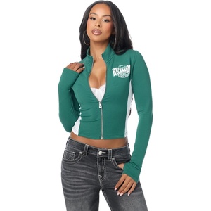 True Religion Women’s Color Blocked Baby Terry Zip Up Hoodie – Poly-Cotton Blend, Zip Up, Colorblock Detail(Green / White)