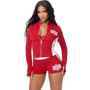 True Religion Women’s Color Blocked Baby Terry Zip Up Hoodie – Poly-Cotton Blend, Zip Up, Colorblock Detail(Red / White)