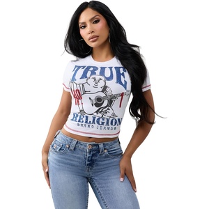 True Religion Women’s Crystal Buddha Anniversary Tee – 95% Cotton Blend, Crew Neck, Signature Graphic Detail(Optic White)