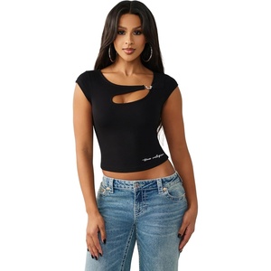 True Religion Women’s Crystal HS Cut Out Rib Top | Premium Stretch Comfort(Jet Black)