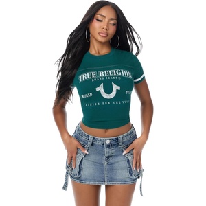 True Religion Women’s Crystal Horseshoe Baby Tee – 95% Cotton 5% Elastane, Crew Neck, Fitted Silhouette(Botanical Garden)