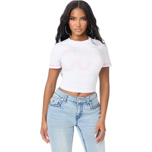 True Religion Women’s Crystal Horseshoe Baby Tee – 95% Cotton 5% Elastane, Crew Neck, Fitted Silhouette(Optic White)