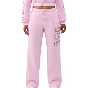 True Religion Women’s Crystal Patch Mid Rise Straight Leg Sweatpants – 60% Cotton 40% Polyester, Comfortable Fit(Roseate Spoonbill)