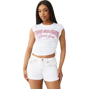 True Religion Women’s Crystal Short Sleeve Baby Top | Cropped Ruched Tee(Optic White)