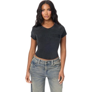 True Religion Women’s Embroidered Washed Rib Baby Tee – 95% Cotton, Raglan Sleeve, Washed Finish(Jet Black)