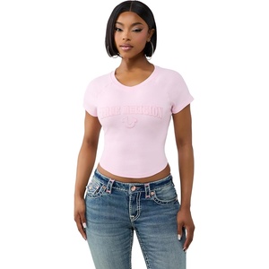 True Religion Women’s Embroidered Washed Rib Baby Tee – 95% Cotton, Raglan Sleeve, Washed Finish(Roseate Spoonbill)